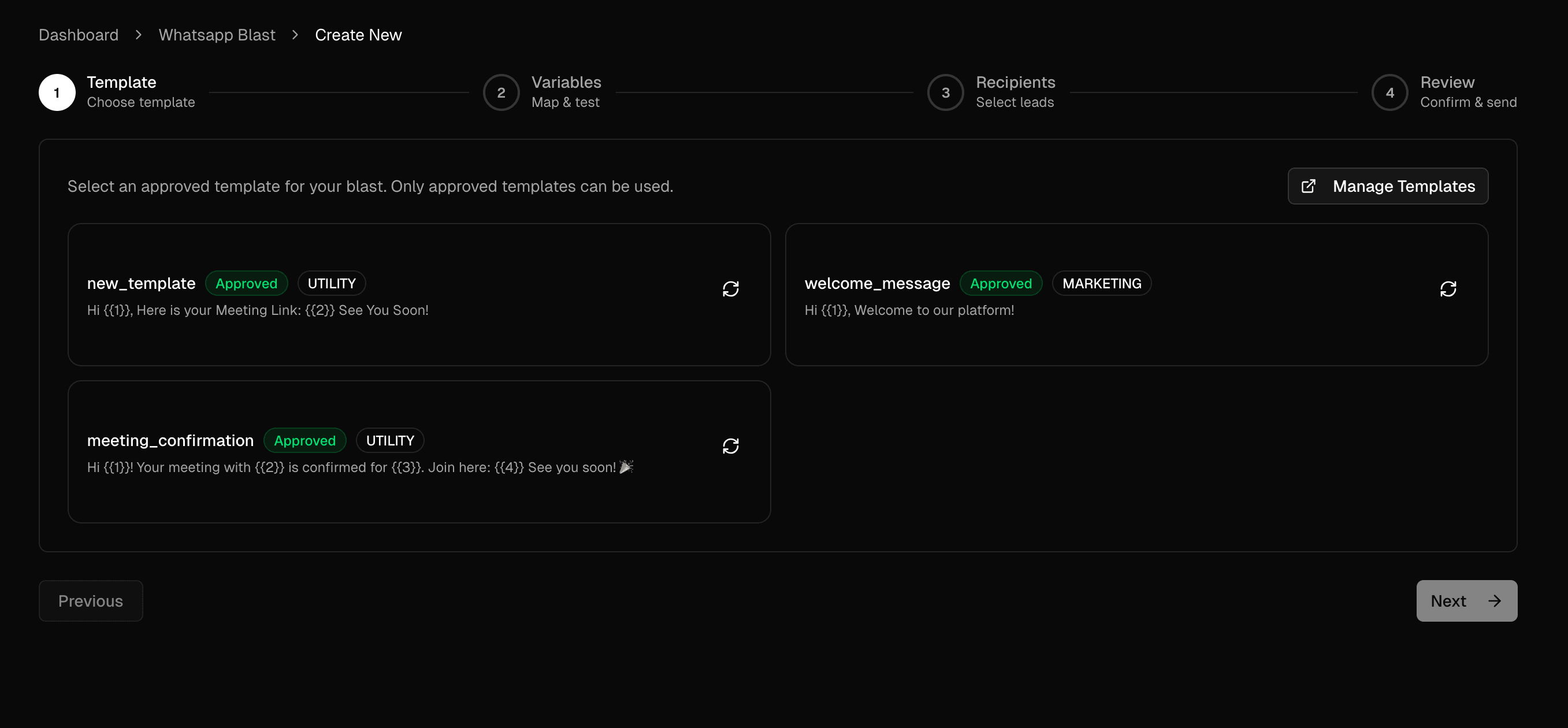 New WhatsApp Blast screen showing approved templates available for selection