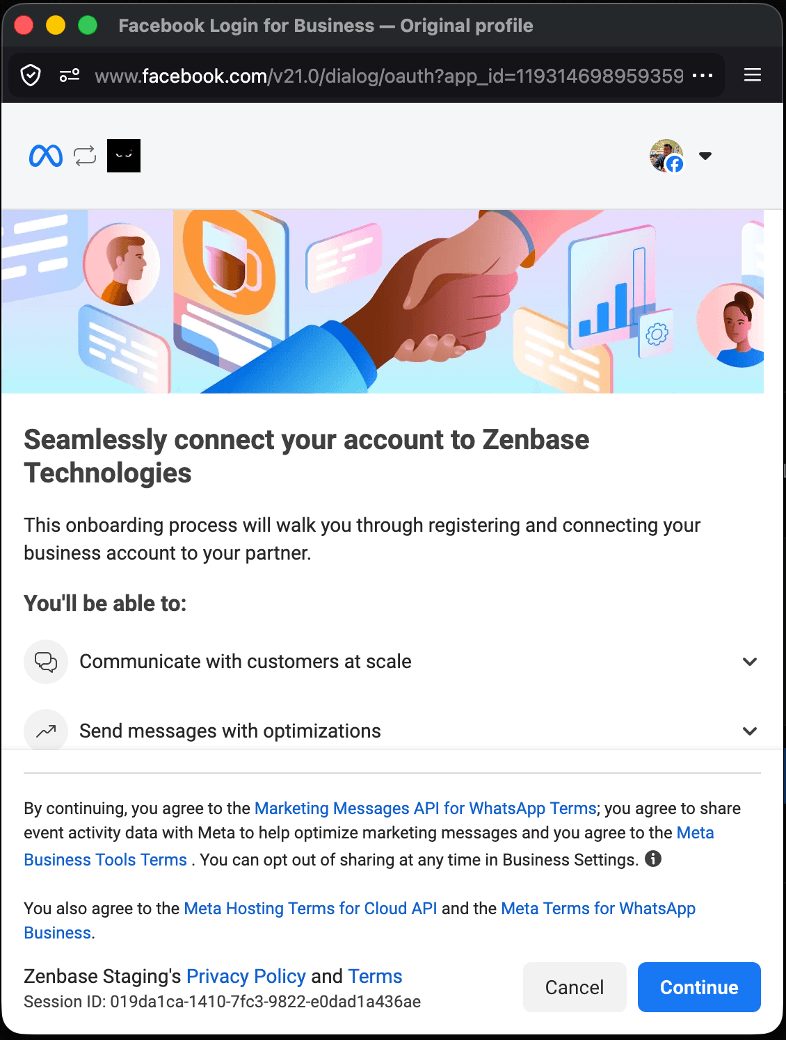 Meta welcome screen for connecting account to Zenbase Technologies