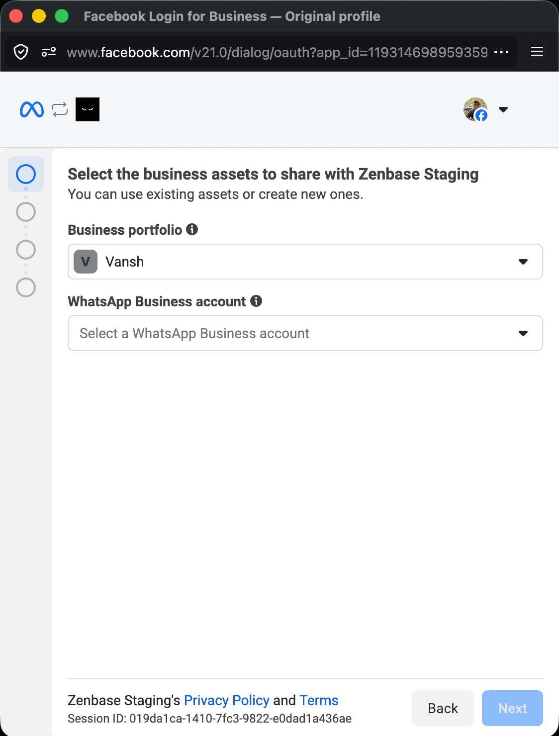 Meta business portfolio selection screen