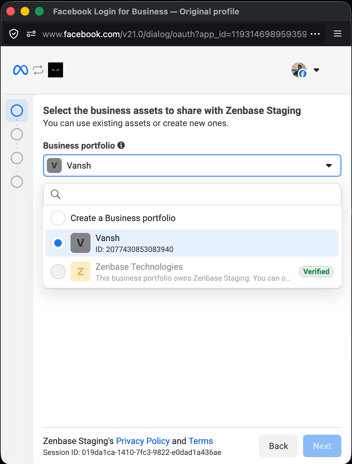 Meta dropdown showing multiple business portfolio options