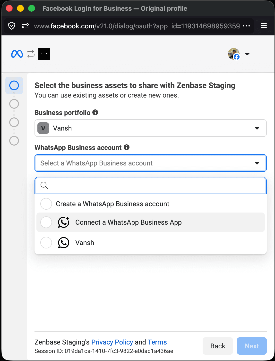 Meta screen showing Connect a WhatsApp Business App option