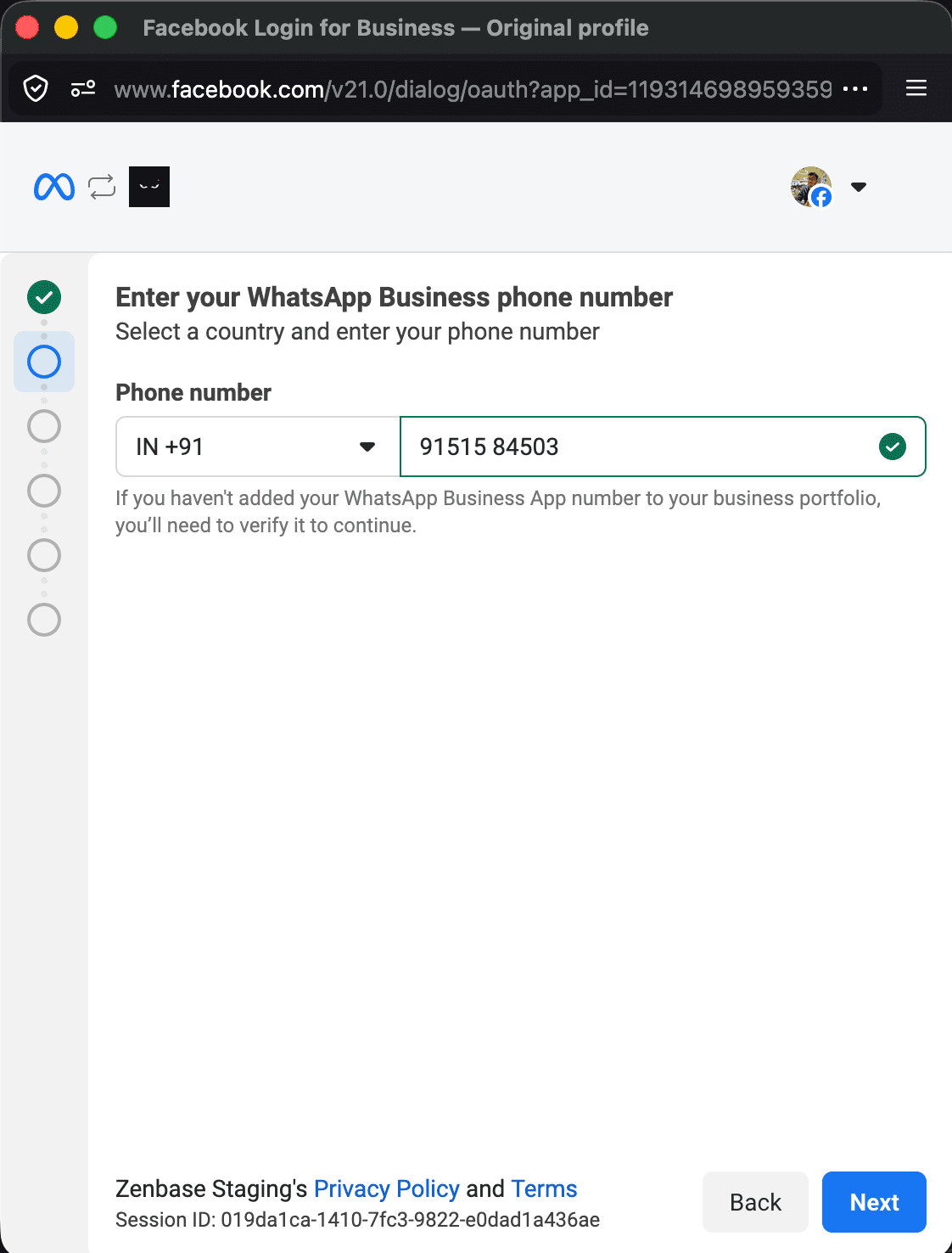 Meta screen asking for WhatsApp Business phone number