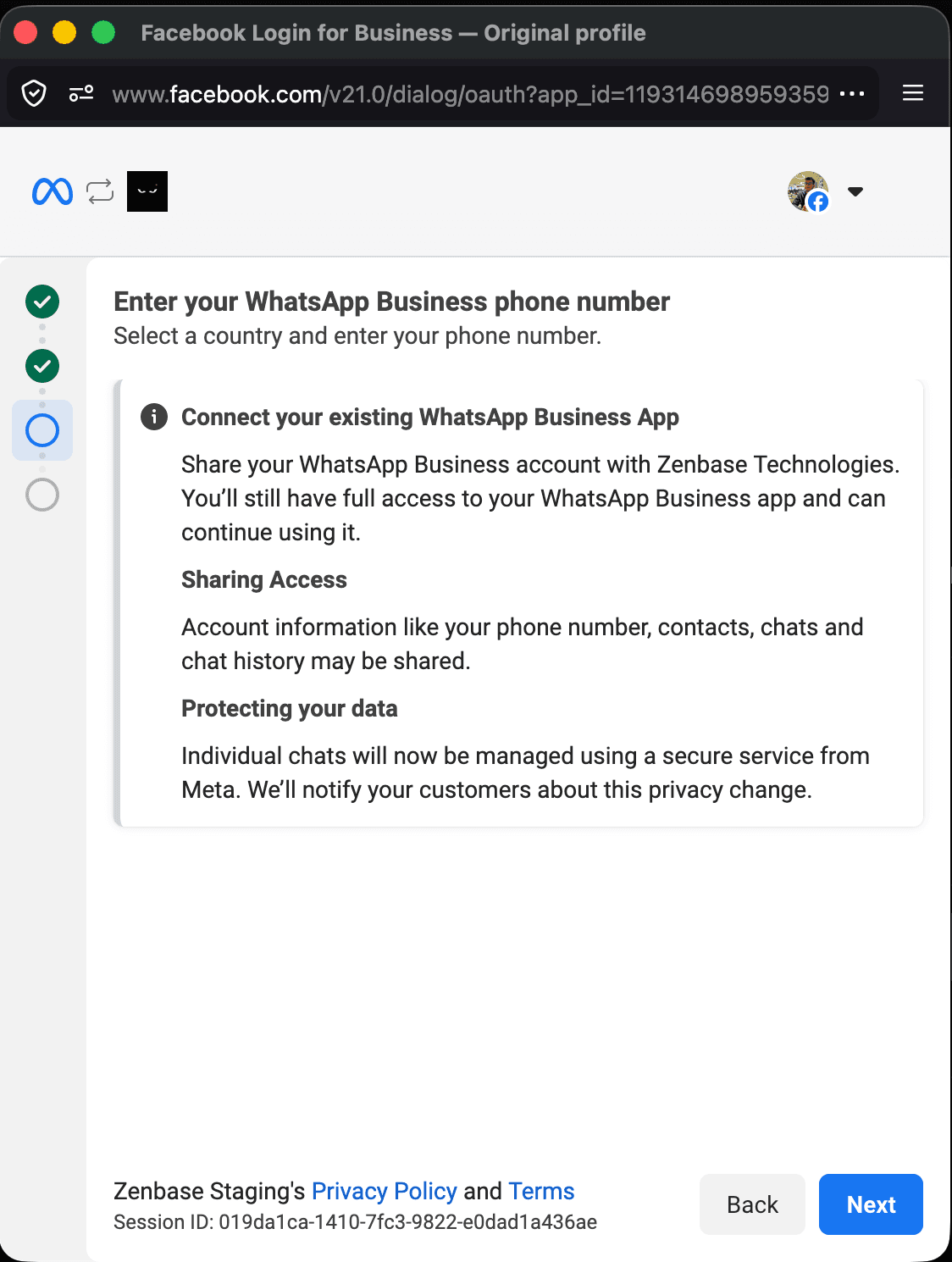 Meta confirmation screen for connecting existing WhatsApp Business app
