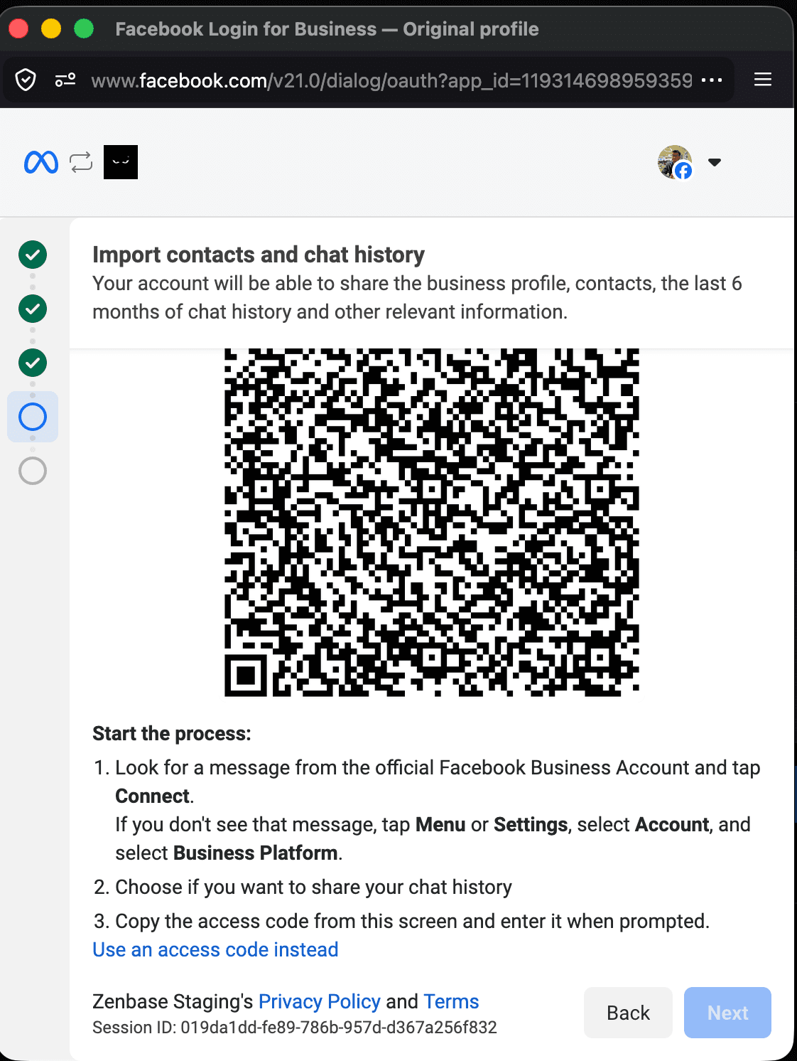 Meta screen showing QR code and access code option for WhatsApp connection