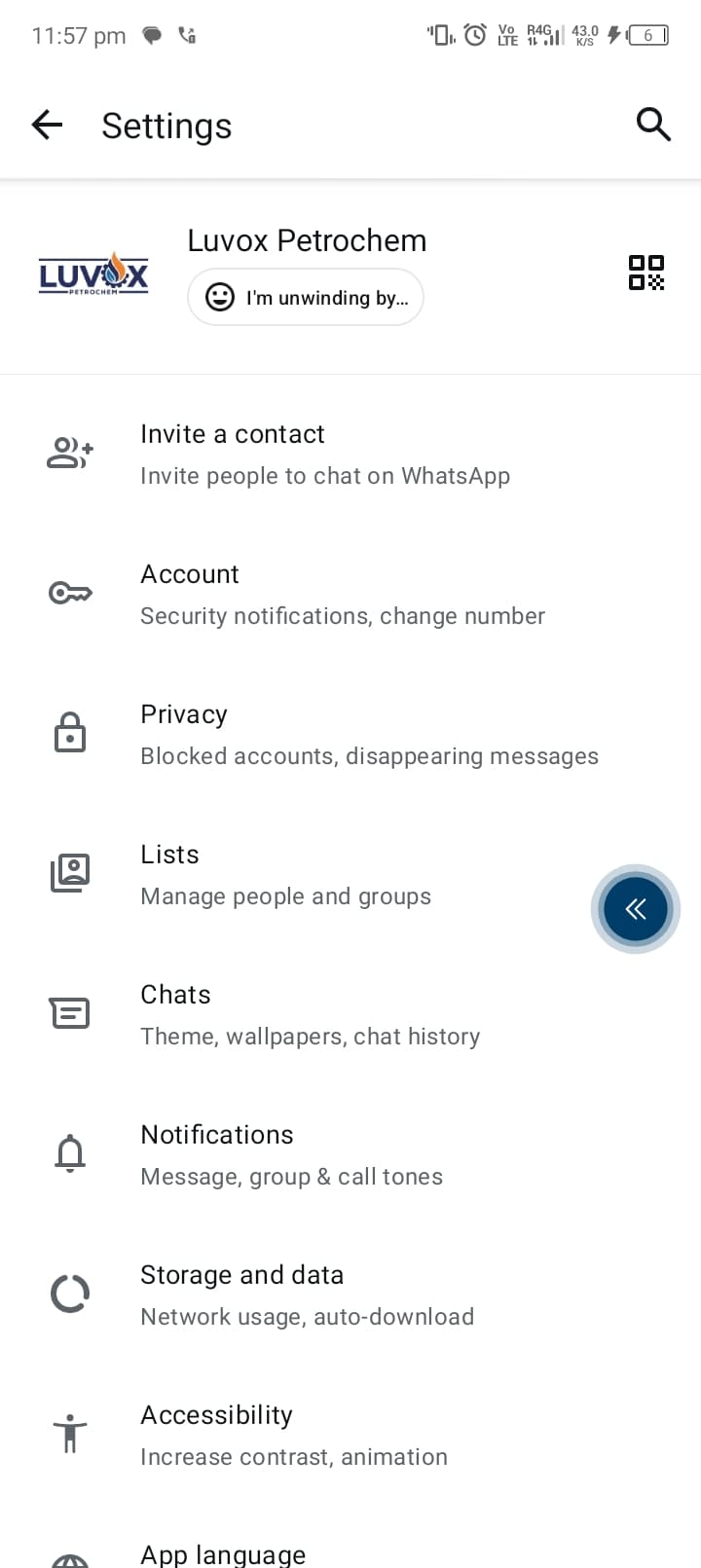 WhatsApp Business settings screen
