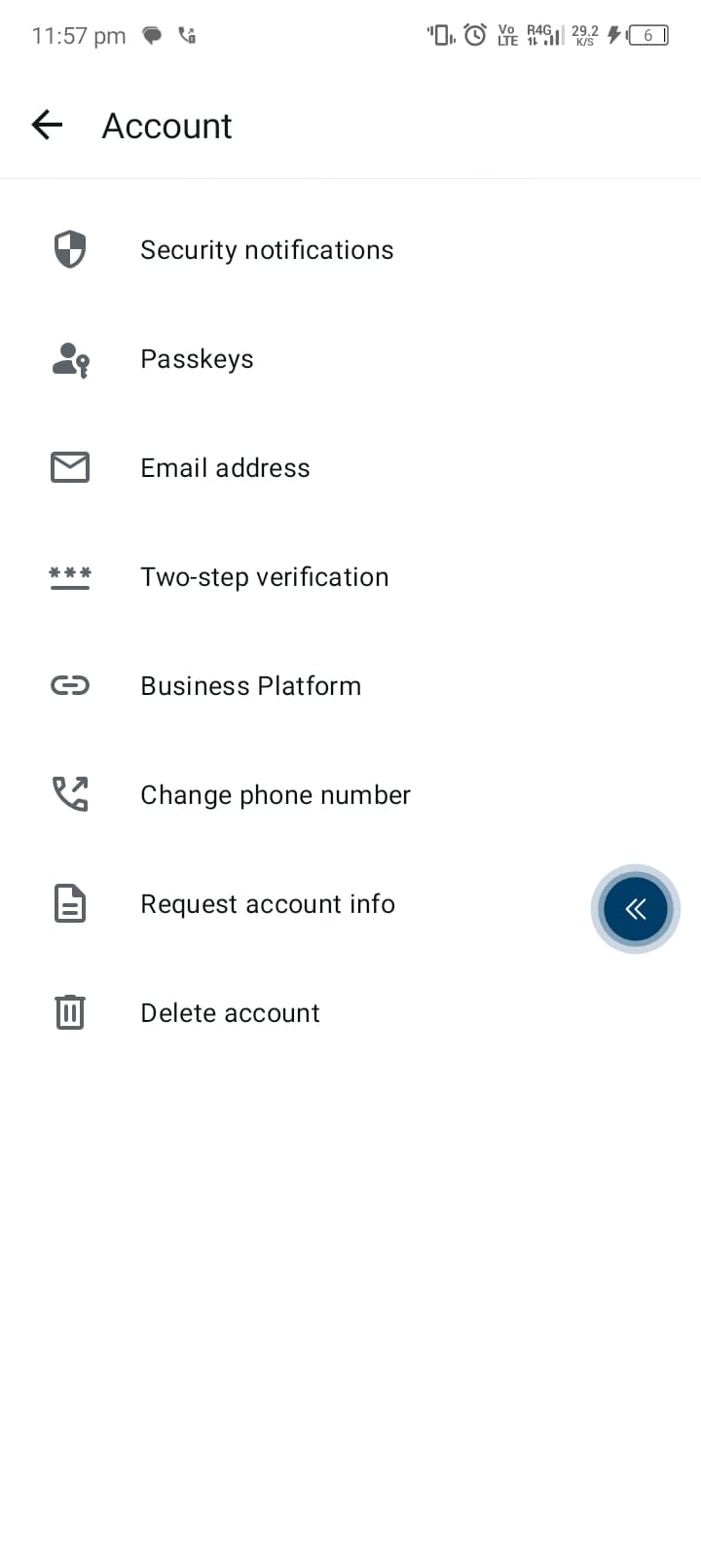 WhatsApp Business account settings screen