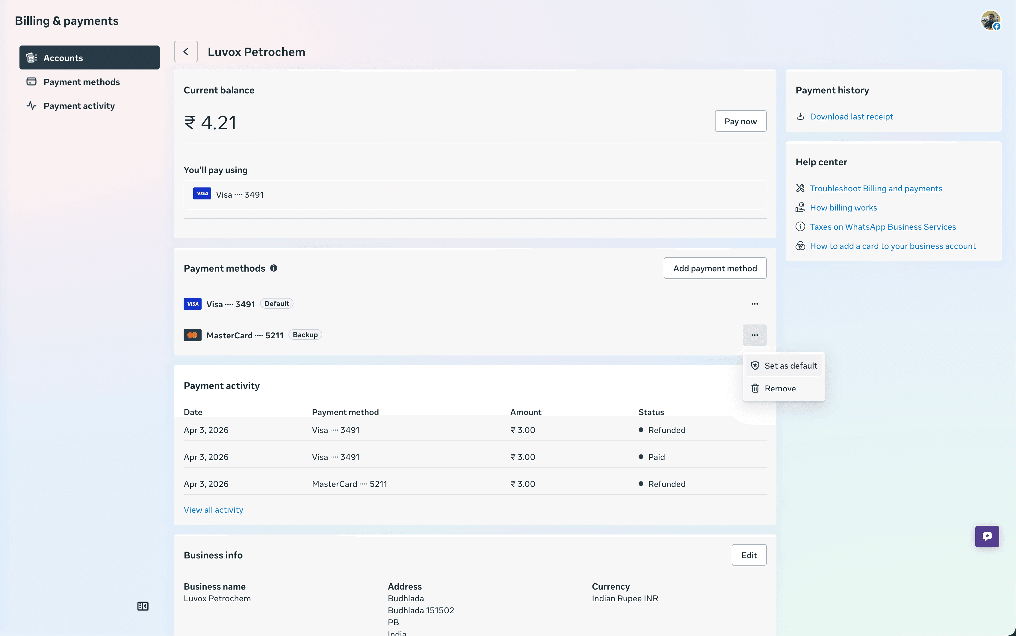 Meta billing and payments page showing default and backup cards