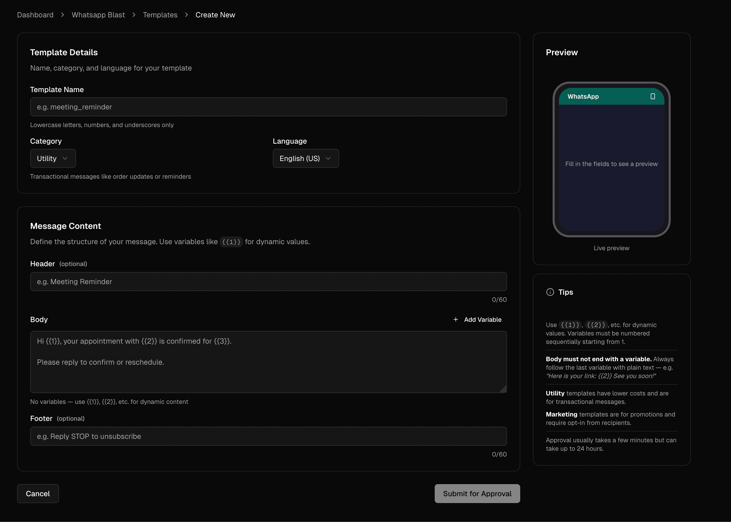 Create WhatsApp template screen with fields for name, category, variables, and preview