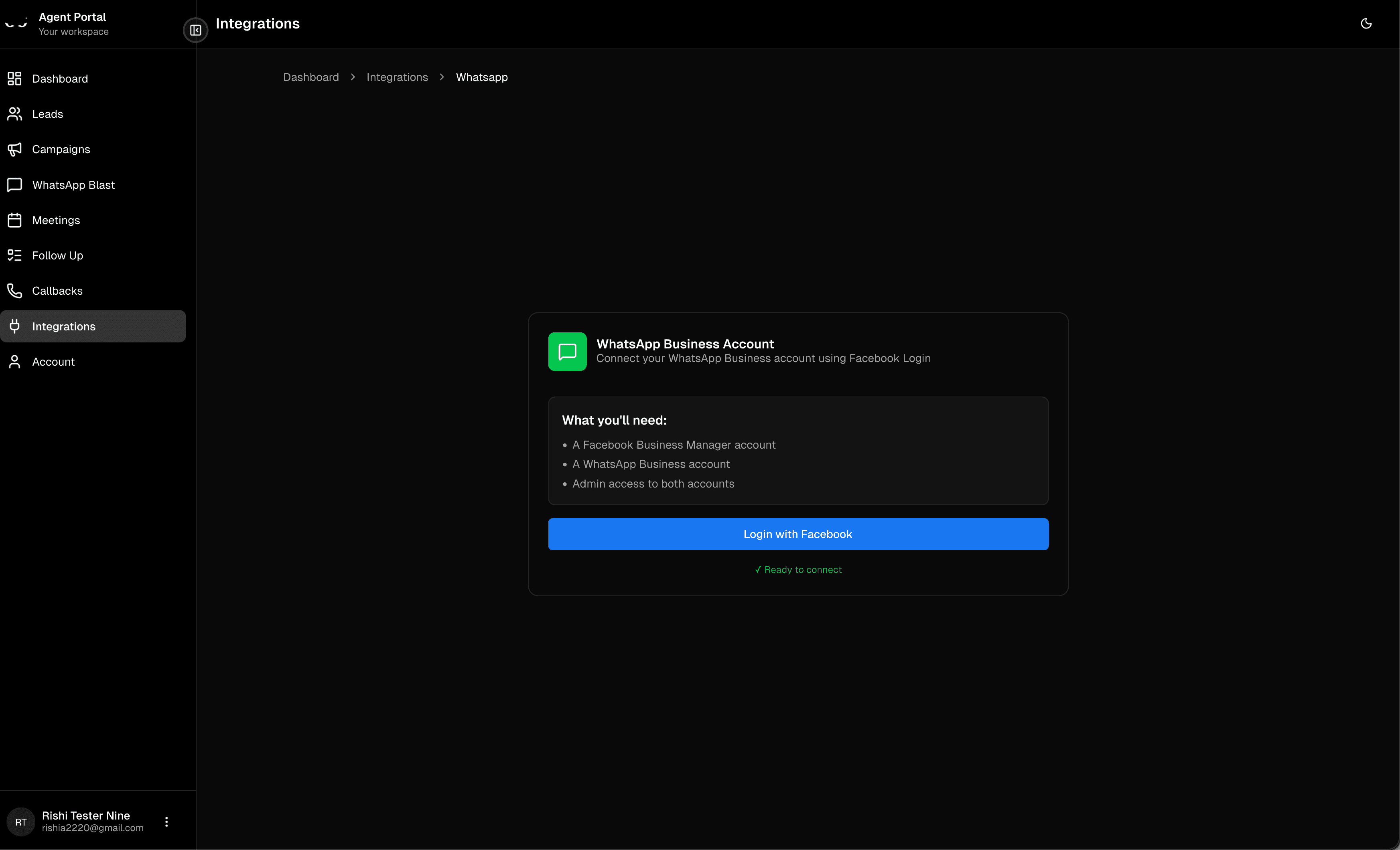 Ninja WhatsApp Business setup page with Login with Facebook button