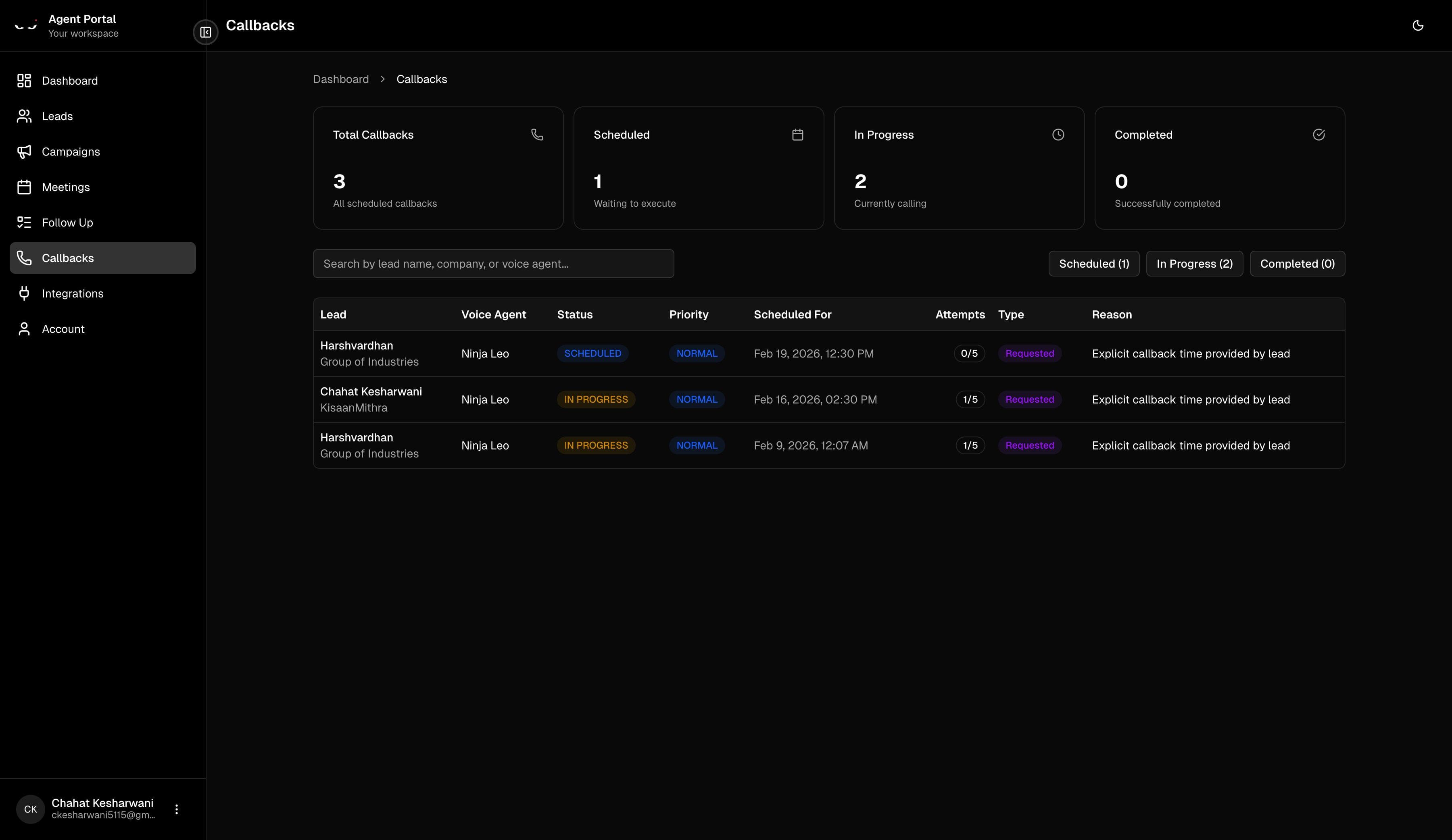 Callbacks list with priority and status badges