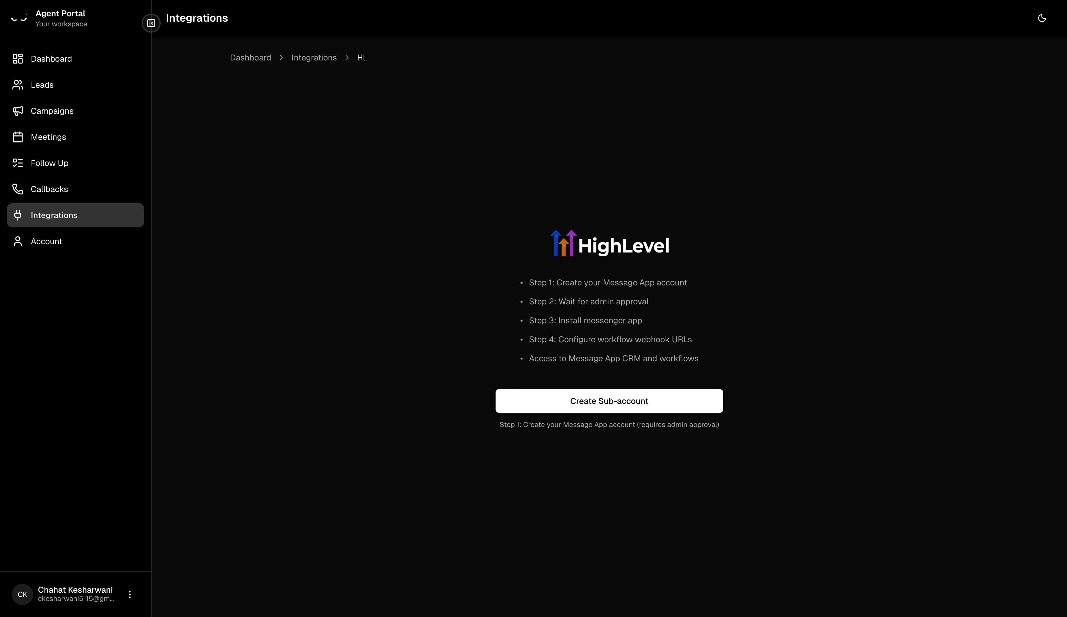 Create sub-account button on GHL integration page