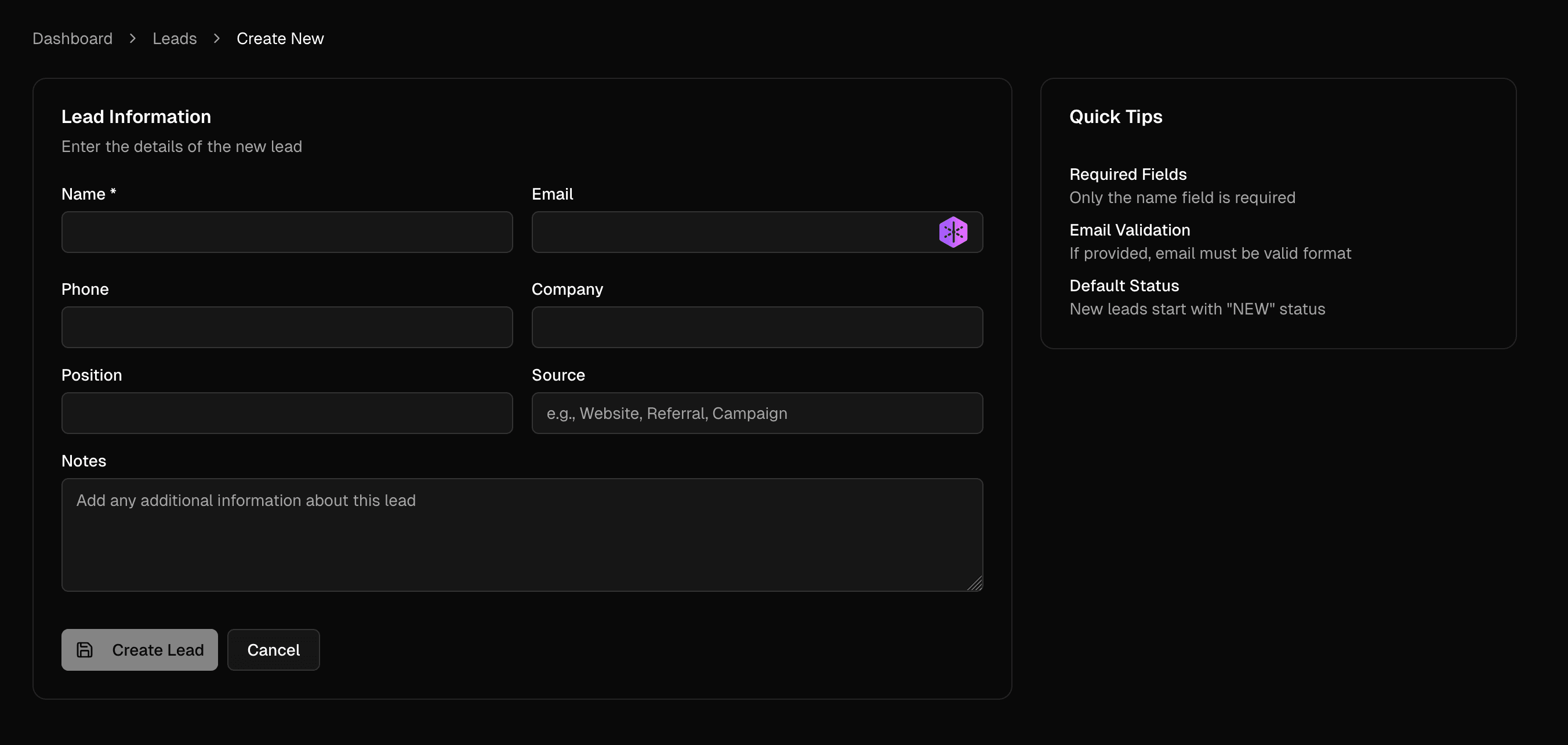 Add lead form with input fields