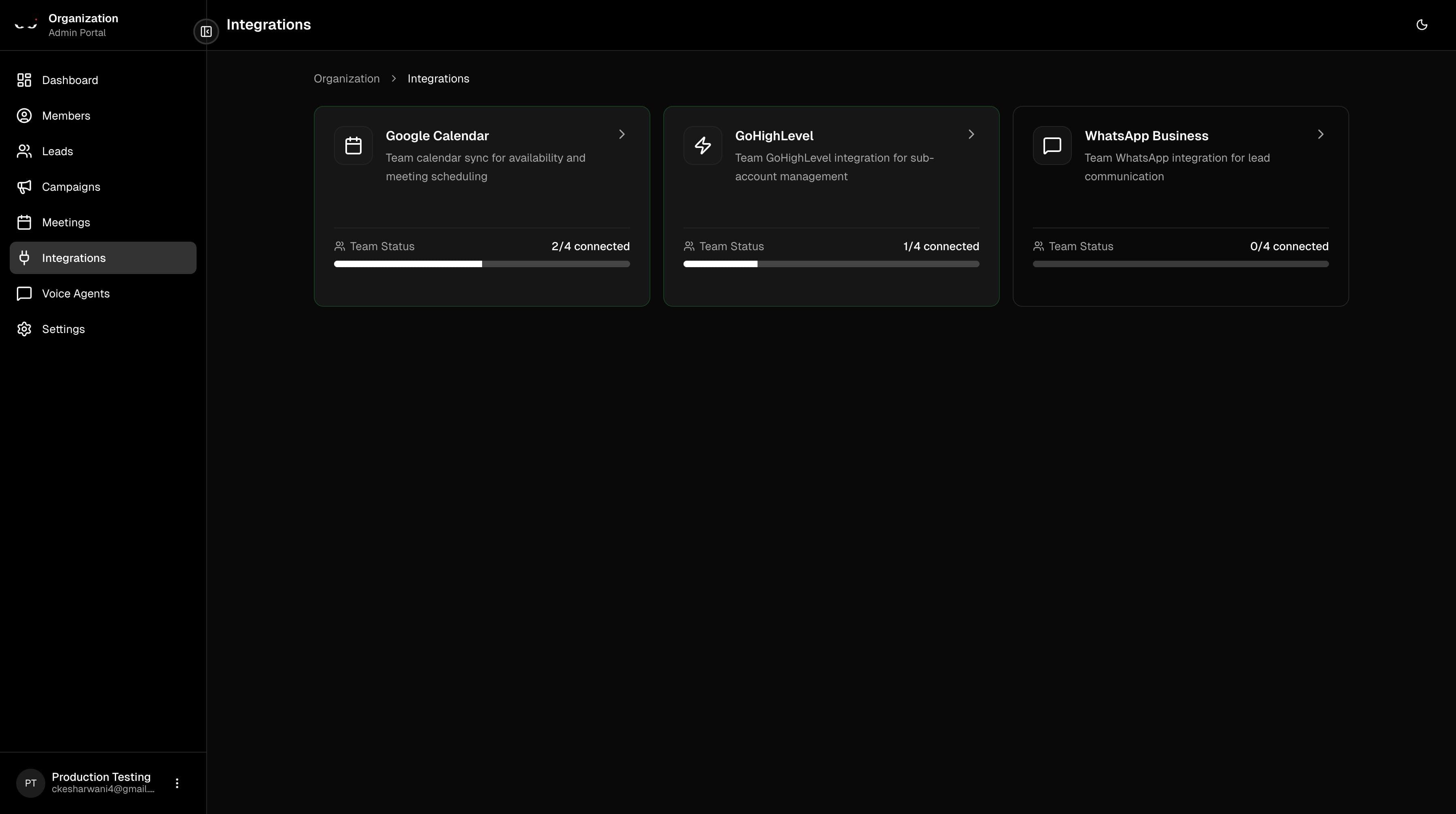 Admin view of team integration status