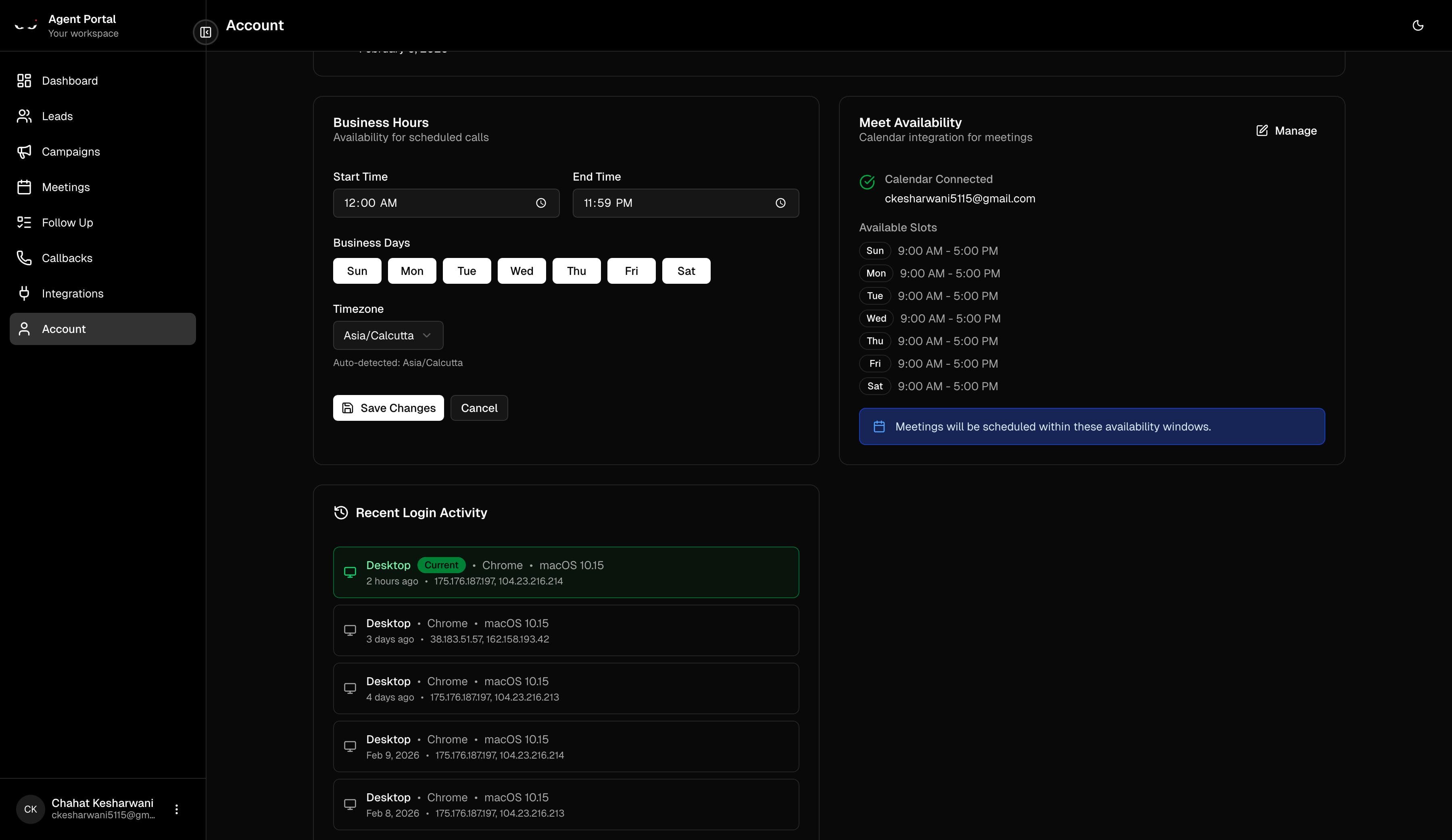 Account settings page with business hours configuration