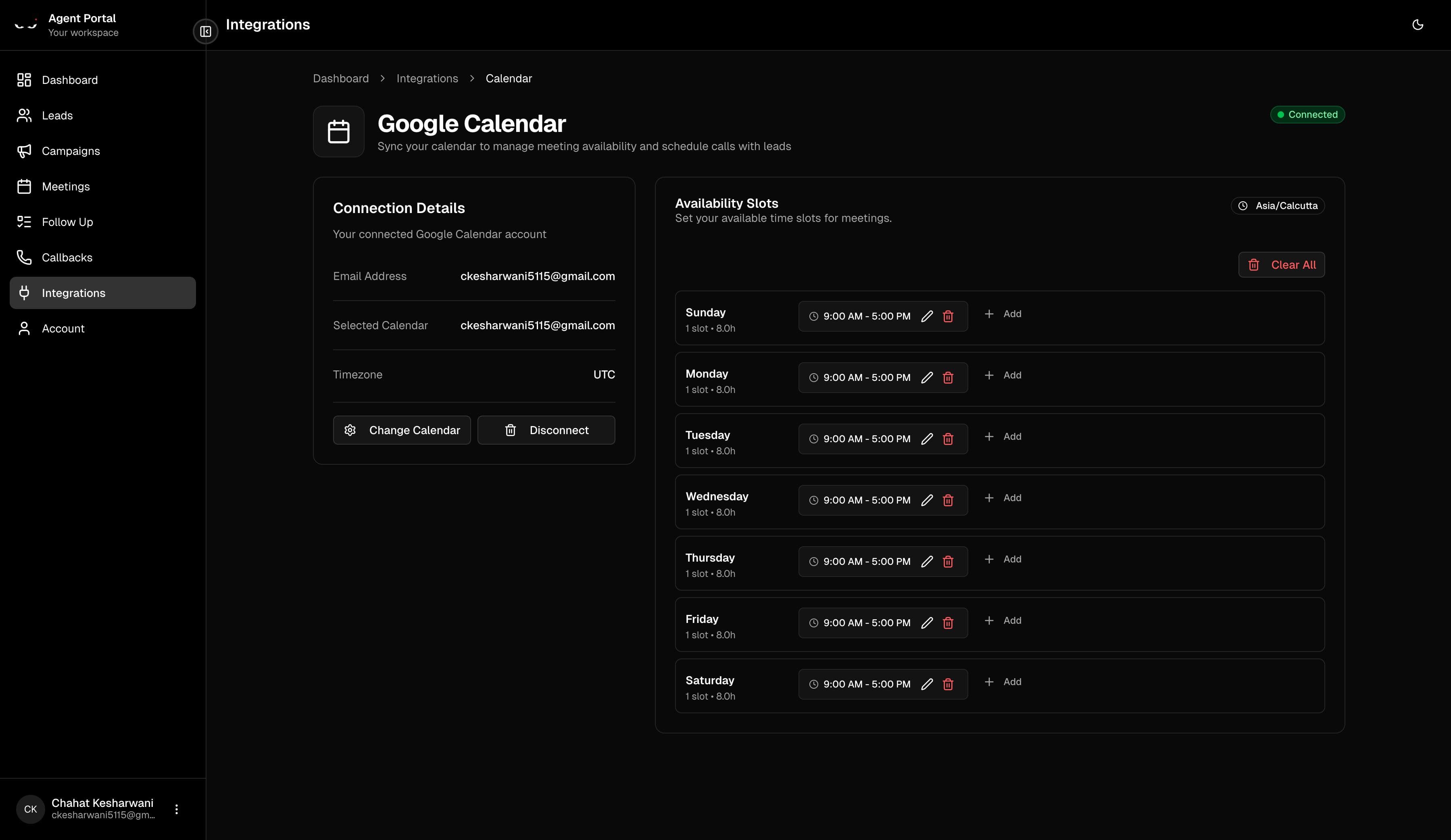 Google Calendar integration settings