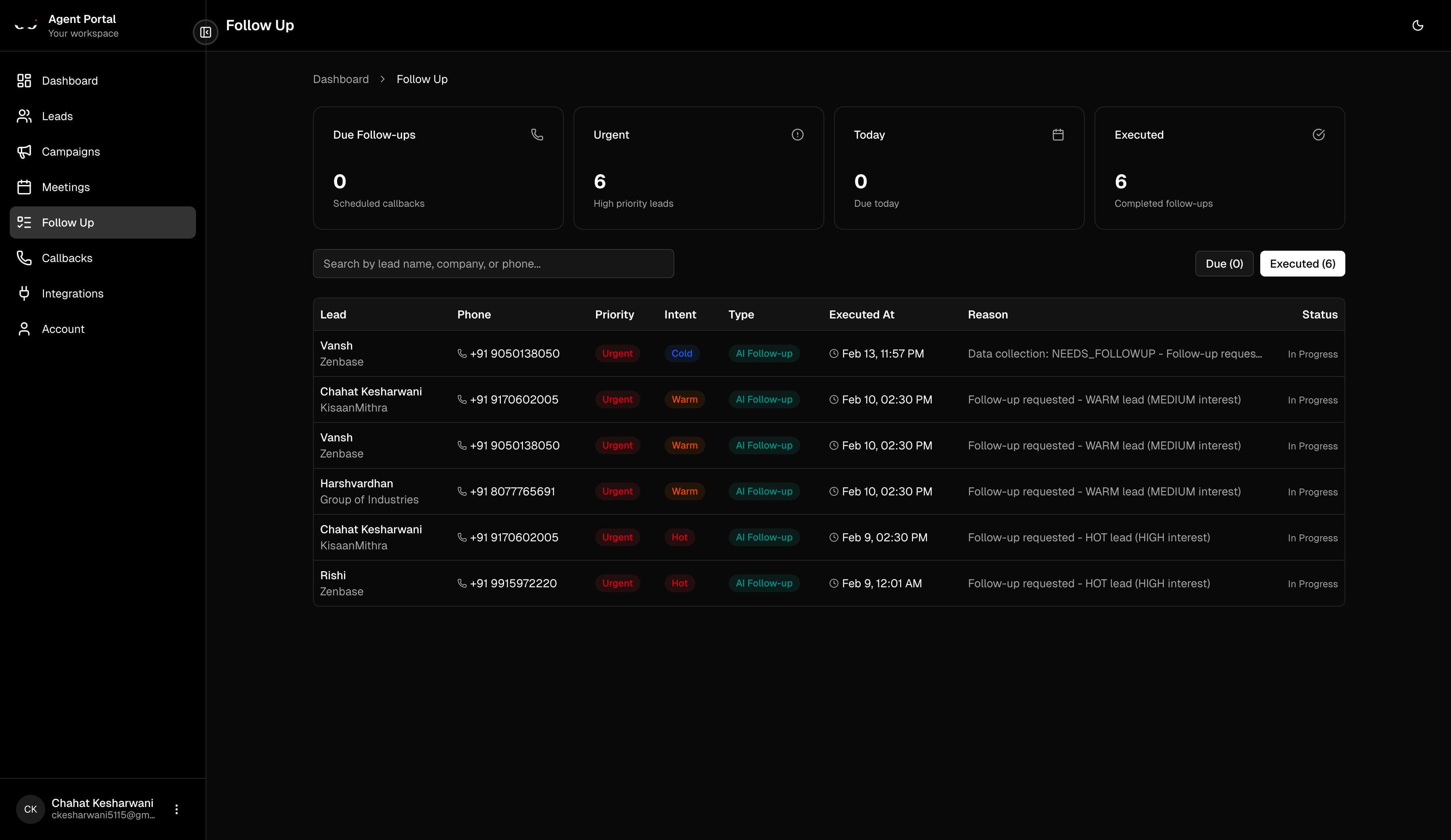 Follow-ups dashboard showing prioritized leads