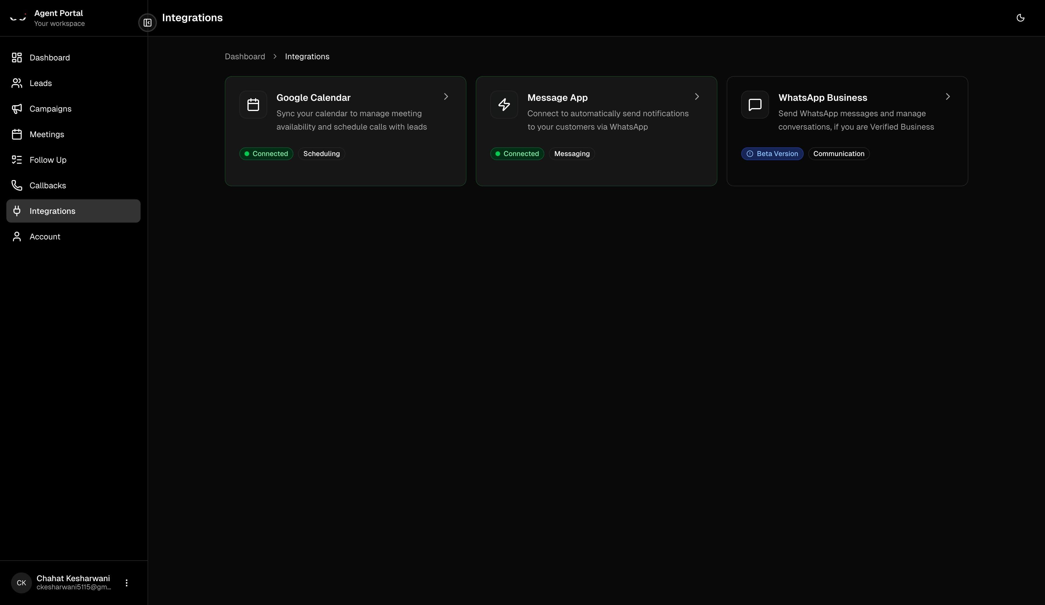 Integrations page showing available connections