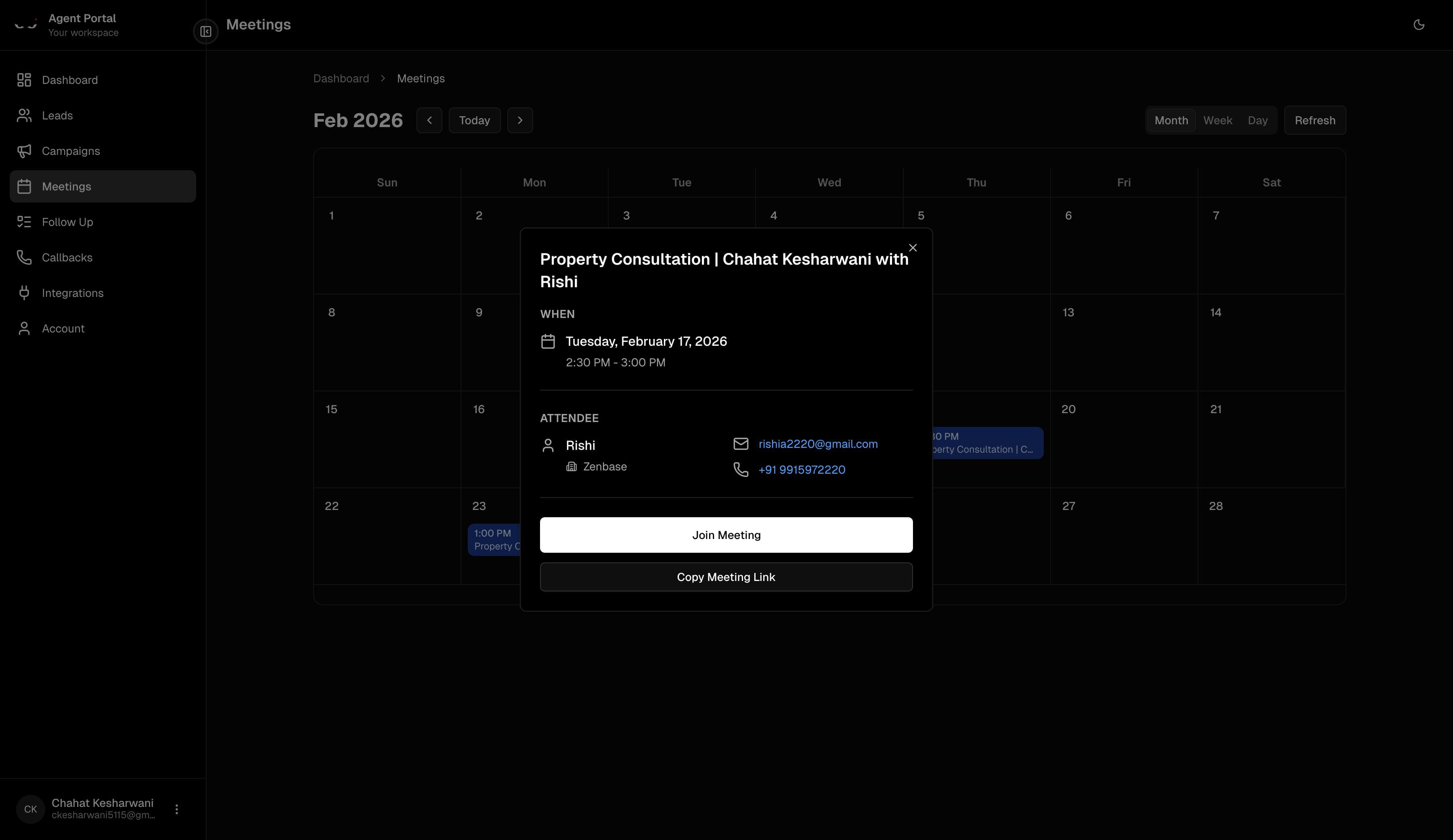 Meeting details modal with attendee information