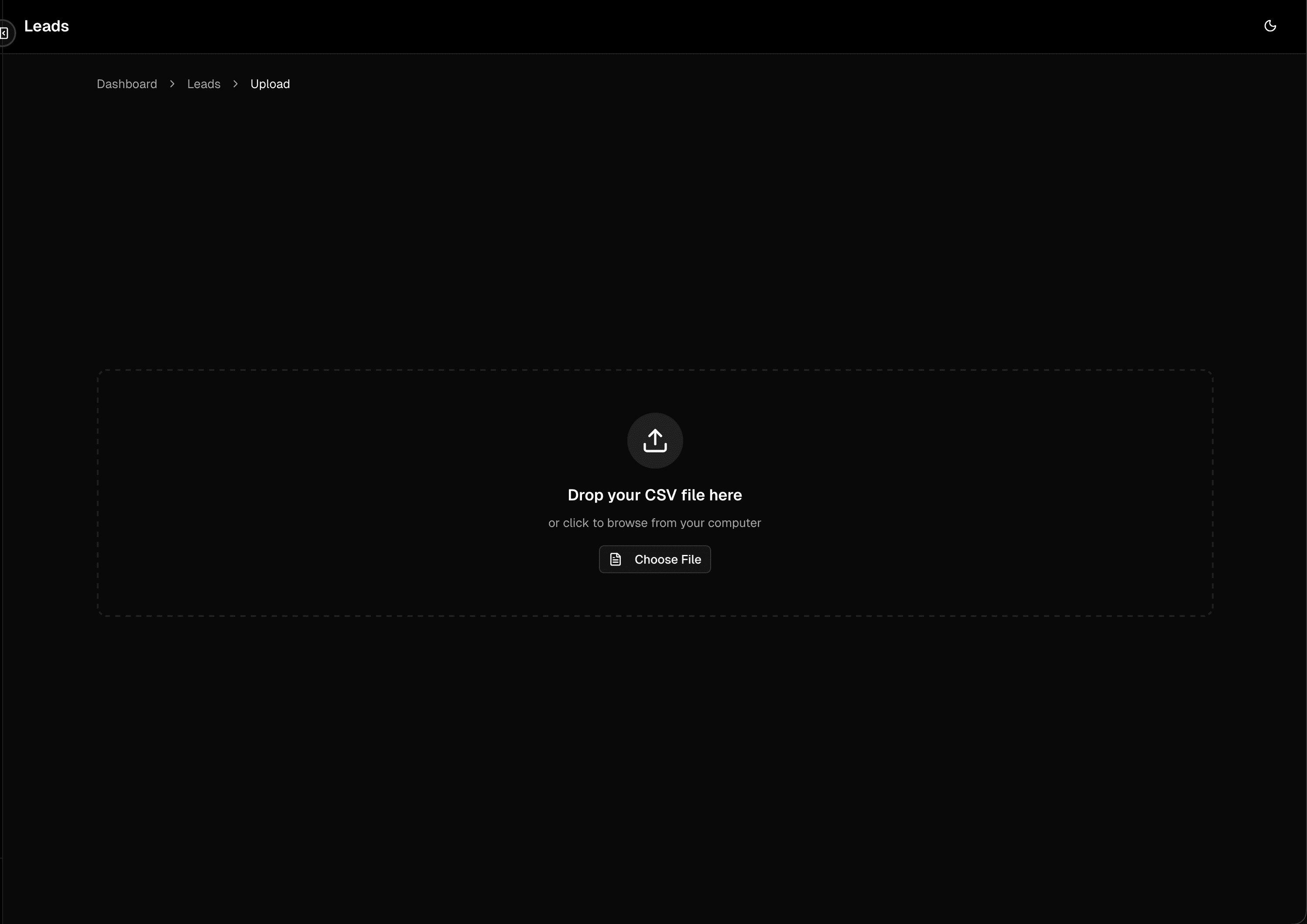 Leads page with CSV upload option